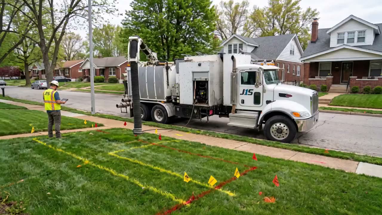 The J1S hydrovac truck at the curb with its boom over a lawn marked with locate paint and flags