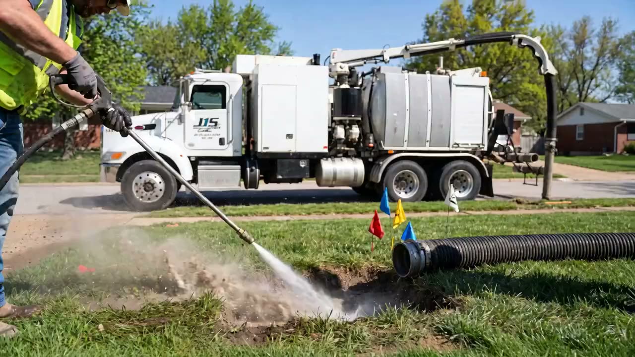 A water wand cutting soil loose in a small hole beside locate flags