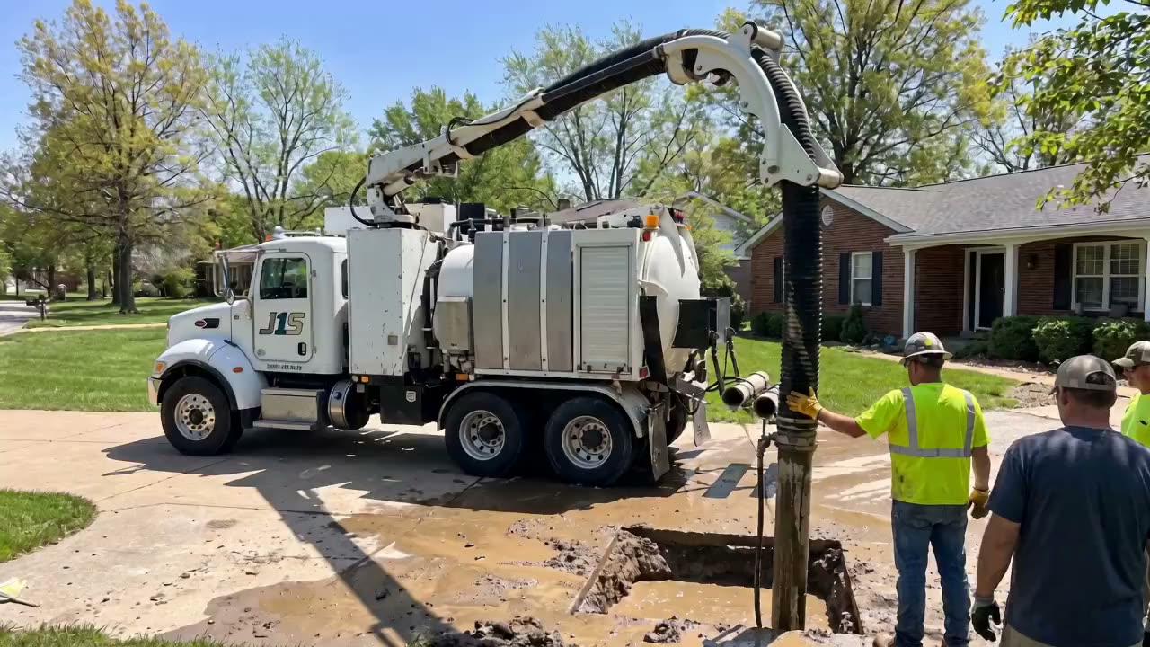 The vacuum hose hanging from the boom into a hole, lifting muddy water and soil