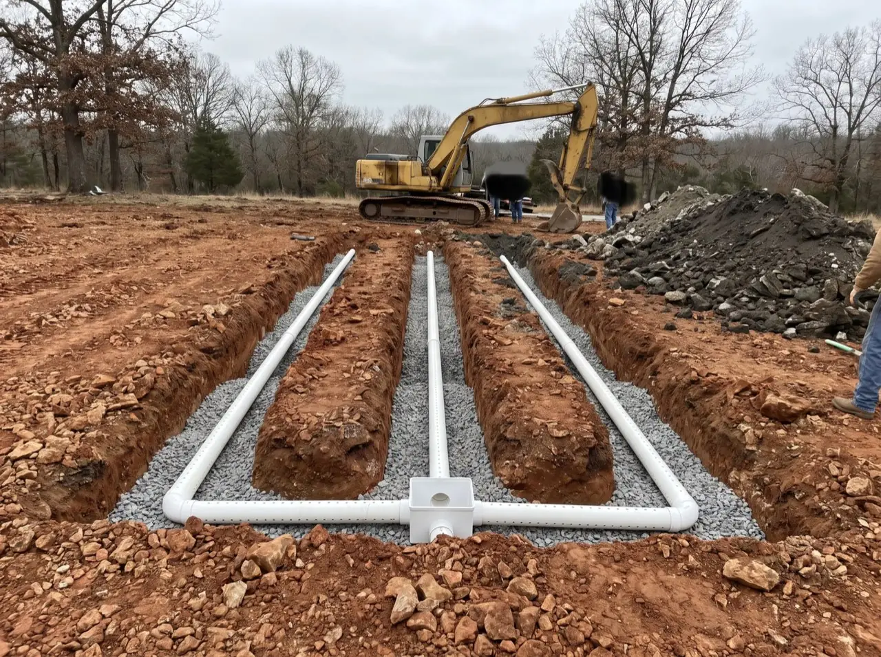 Drain field trenches with white pipe laid on gravel, with an excavator behind them