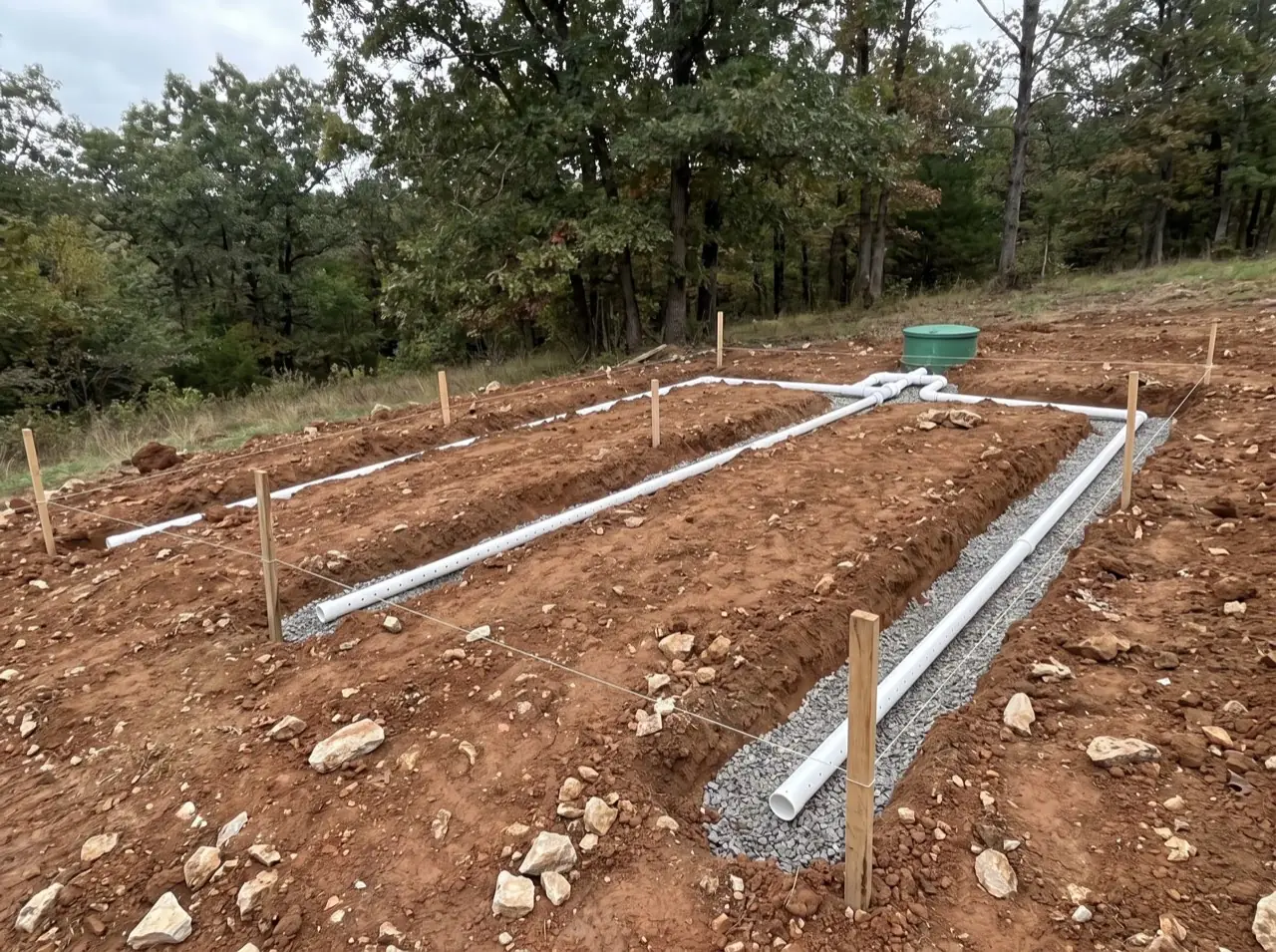 Low pressure pipe laterals laid on gravel in shallow trenches