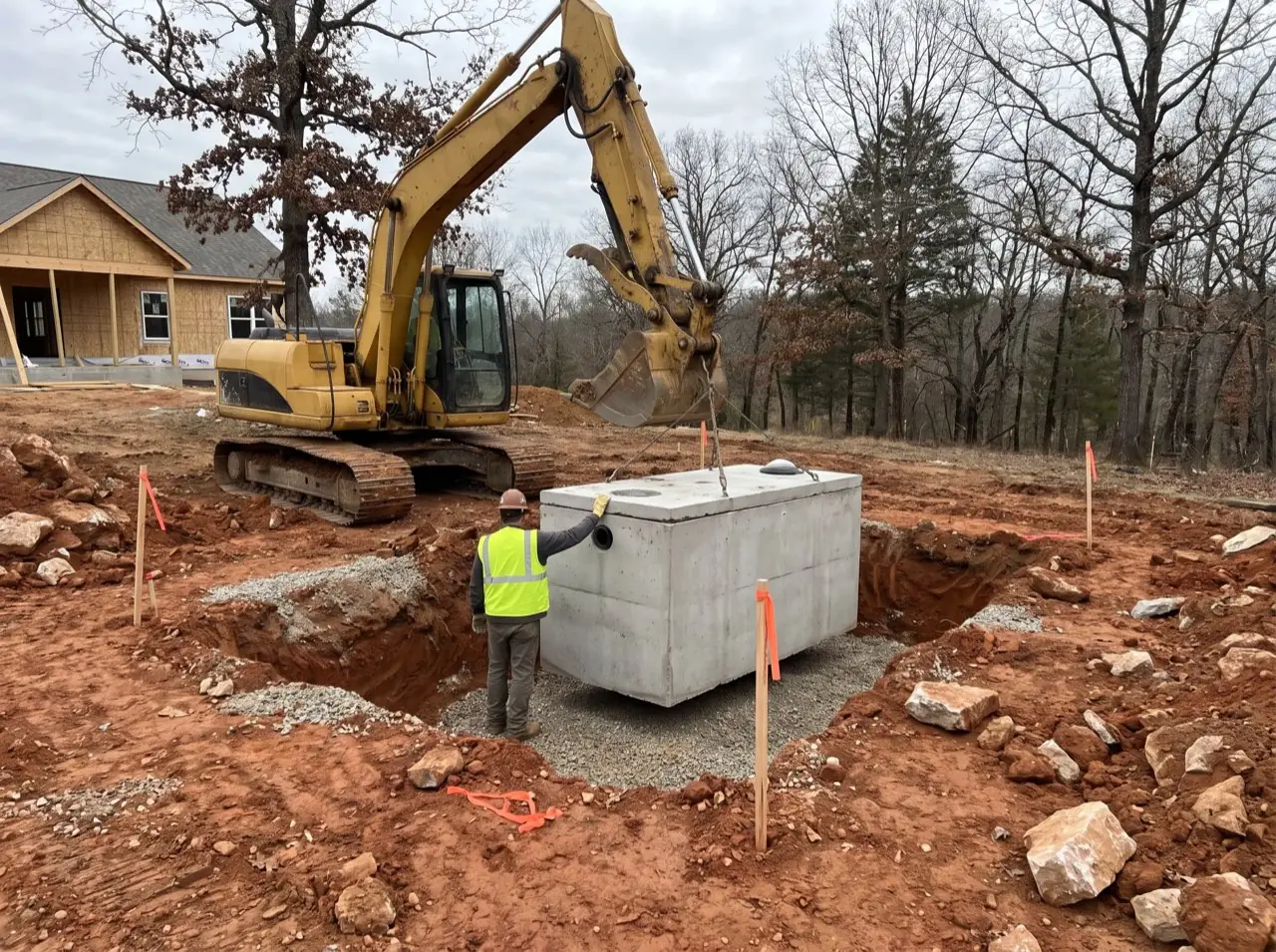 A worker in a safety vest beside a concrete septic tank set in a dug hole, with an excavator behind