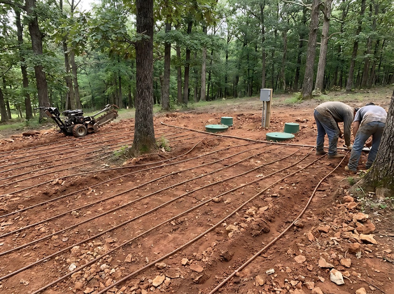Rows of drip tubing laid shallow in the soil among trees