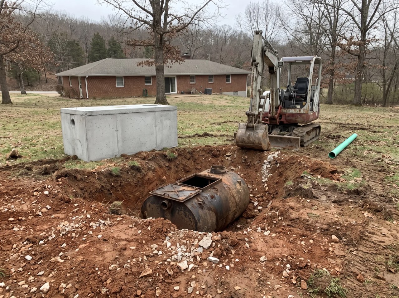 An old steel septic tank exposed in a yard beside a new concrete tank
