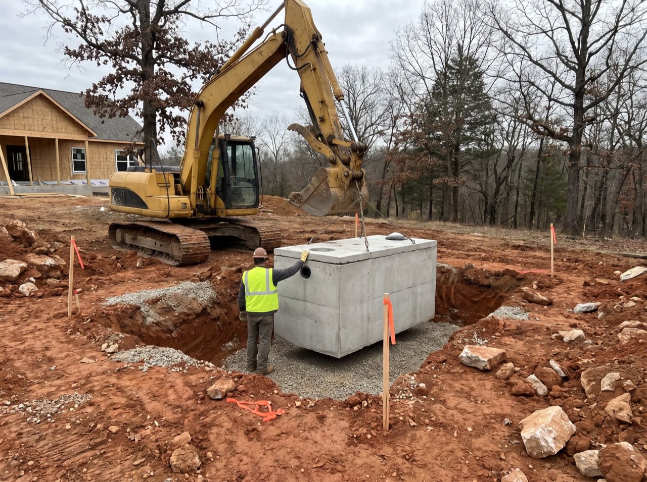 A precast concrete septic tank being lowered into an excavation by an excavator